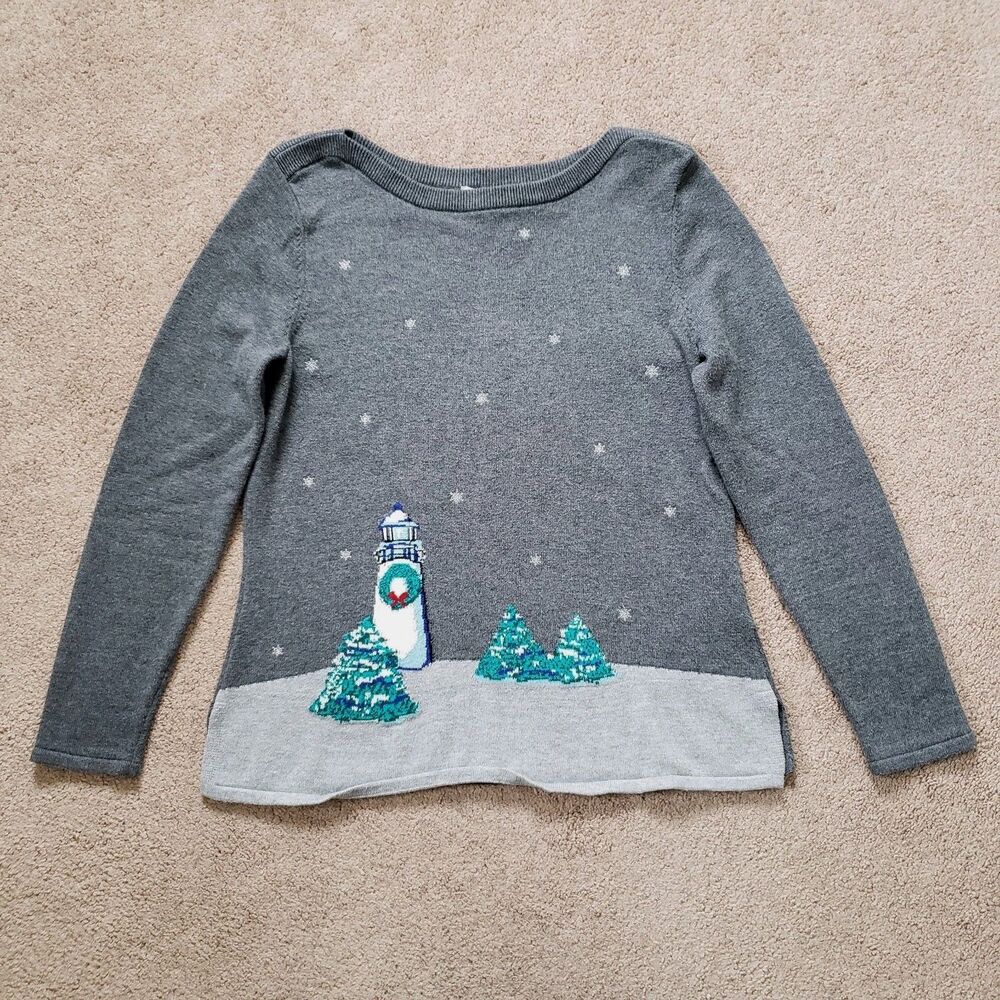 Talbots Sweater Holiday Lighthouse Christmas Tree Gray Charcoal Size S Petite